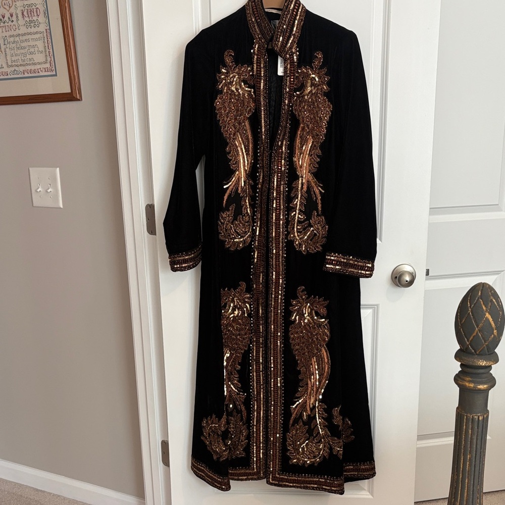 Soft Surroundings Black and Gold Sequined Velvet Duster